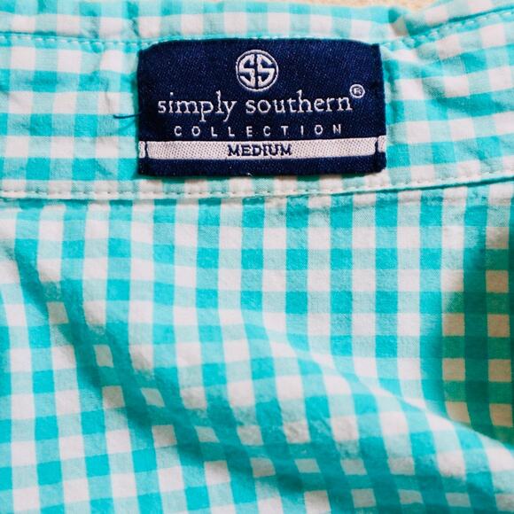 Simply Southern Size M Long Sleeve Button Up Shirt Gingham Check Teal - Picture 9 of 11